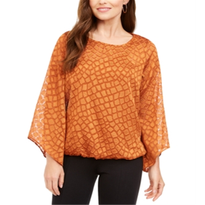 Alfani Women's Snakeskin Print <b>Bubble</b> Blouse Brown Petite Small Size Chiffon Silk <b>Top</b> Embroidered Logo Office-Appropriate Loose - Product Image 1