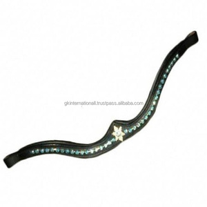 Bande de sourcils de cheval en cuir pur noir rembourré doux fait à la main confortable avec des cristaux verts décoratifs strass Bling et étoile - Product Image 1