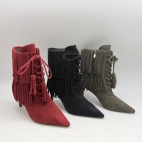 Sepatu bot pergelangan kaki wanita berujung runcing, hak tinggi, berumbai, dari kulit domba suede asli
