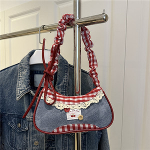 Sac sous le bras en jean pour femmes, petit sac à bandoulière, fermeture éclair, dentelle de niche, style cool et doux, patchwork, pliable, capacité de 1L - Product Image 3