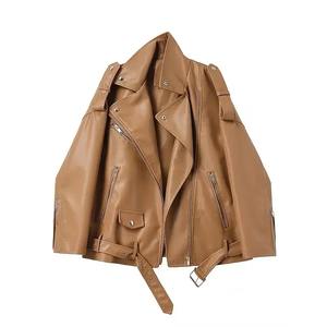 Women's Faux Leather Bomber Jacket Retro Long Sleeves Lapel Zip Pocket Elastic Cuffs Outerwear Fall Winter Female Chic Coat - Product Image 4