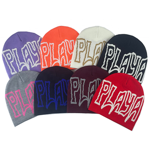 <b>Streetwear</b> Knit <b>Beanie</b> 3D Embroidery PLAYA Text Design Thick Acrylic Winter Hat Soft Woven Style Unisex Y2K Fashion for Brands - Product Image 1