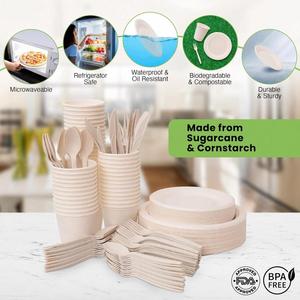 Ensemble de 10 assiettes et gobelets en papier de canne à sucre, compostables, avec revêtement UV, vaisselle de fête écologique - Product Image 3