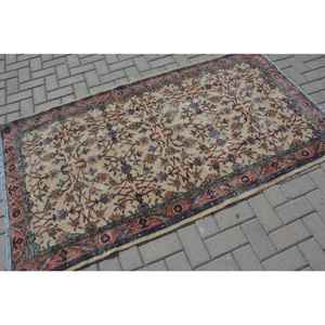 พรมตุรกีวินเทจคลาสสิกสีเบจสีแดง3.7 x 6.7ft พื้นที่ขนาดใหญ่ขนสัตว์เย็บปะติดปะต่อกันด้วยยางรองสำหรับห้องโถงหรือห้องนอน - Product Image 2