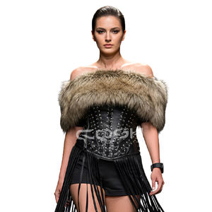 Wholesale Womens Gothic Overbust <b>Fetish</b> Style Clubwear Bustier Corset with Arm Sleeves <b>Fur</b> Detailing & Long Fringe Corsets - Product Image 3