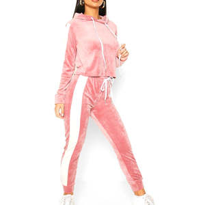 Vente flash : Ensemble de survêtement en velours pour femme, coupe classique, velours d'hiver, ensemble de sport à capuche, automne, 2 pièces, uni, vintage, poignets à boutons - Product Image 1