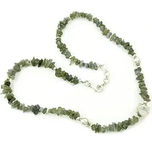 Art Palace Natural Stone Beaded Necklace Vintage Style Everyday Wear Women's Jewelry Green Gray Chips 925 Silver Clasp Rajasthan - Product Image 1