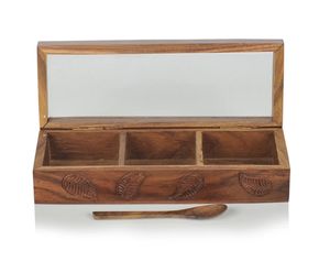 Boîte à épices multi-usages en bois gravée à la main avec cuillère en bois de sheesham Namak Daani avec 3 cloisons et cuillère - Product Image 3