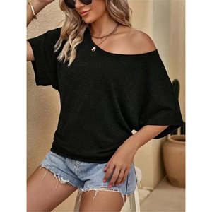 Blusa de viscosa holgada de manga corta con un solo hombro para mujer, 37136 - Negro - Product Image 2