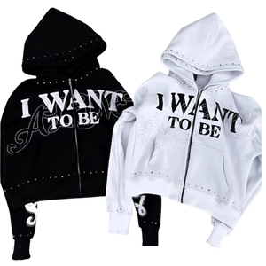 เสื้อกันหนาวมีฮู้ดสำหรับผู้ชายเสื้อมีซิปรูดซิปประดับพลอยเทียมแบบกำหนดเอง - Product Image 1