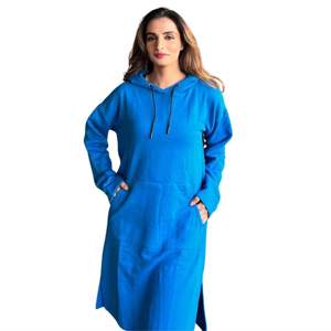 Full Sleeve Length Wholesale Ladies Winter Blue Maxi Tunic Dress East West Women Long Fleece Pullover Hoodie with Hooded Design - Product Image 1
