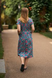 Hand Block Printed Rosabella Dress Boho Cotton Floral Grey Blue Rose Casual Occasion Dress - Product Image 2