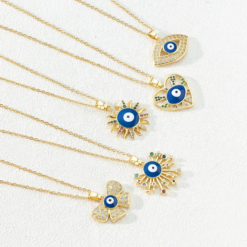 Ins Fashion Rhinestone Zircon Pendant 18K Gold Brass Jewelry Elegant Enamel Turkish Evil Eye Necklace Sun Heart Necklace