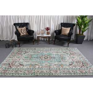 Alfombra clásica de lana azul Beige 5,6X8,9 pies Diseño de retazos turco hecho a mano para sala de estar o dormitorio con respaldo de látex - Product Image 1