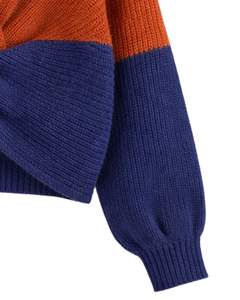 Suéter de Punto Personalizado para Mujer, Color Naranja Óxido y Azul Marino, con Frente Cruzado, Manga Larga, Cuello en V, Corto, Informal, para Invierno - Product Image 5