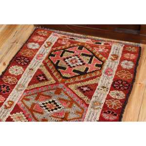 Tapis Herki vintage 3x12,7 pieds, tapis turc en laine rouge à motifs floraux - Product Image 5