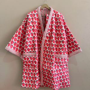 Robe kimono matelassée en coton imprimé fruits, faite à la main, longue veste pour femme - Product Image 1