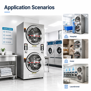 Secadora de Ropa Comercial de Doble Plataforma de Acero Inoxidable, Operada con Monedas, Totalmente Automática y Apilable para Lavandería de Autoservicio - Product Image 4