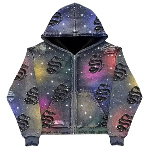 Sudadera con capucha personalizada vintage lavada y desgastada para hombre, de fábrica OEM, a la moda, 100% algodón, con cremallera y pedrería - Product Image 2