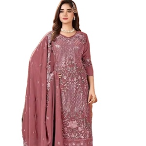 Conjunto de Salwar Dupatta Estilo Kaftan con Bordado de Hilo de Diseño Estampado a Mano Estilo Celebridad, Multicolor, para Toda Temporada - Product Image 1