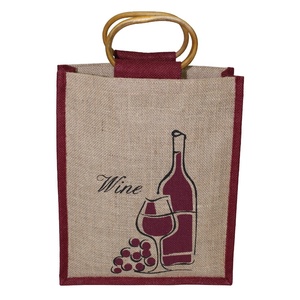 Sac à vin en jute laminé PP conçu sur mesure poignée de canne en bois sac à provisions à usages multiples pour trois bouteilles d'alcool champagne whisky - Product Image 1