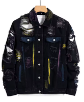 Veste en jean noire pour homme, couleur unie, coton délavé, plusieurs poches, fermeture à boutons-pression, logo personnalisé OEM