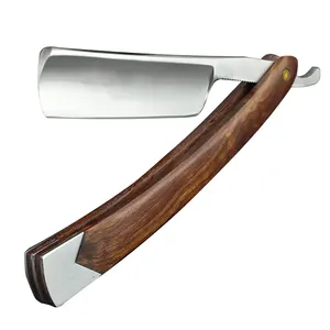 Fine Finishing desain klasik pegangan kayu pisau cukur lurus Logo kustom dalam stok pisau cukur tukang cukur baja tahan karat
