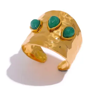 Anillo Ajustable de Piedra Natural Verde con Baño de Oro de 18K y Oro Rosa, Engaste de Bisel Ancho con Apertura para Fiestas - Product Image 3