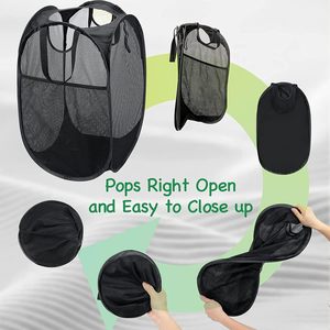 Ensemble de paniers à linge en maille, noir/blanc/bleu, poignées durables, pliables, construction en maille robuste, idéal pour les enfants - Product Image 3