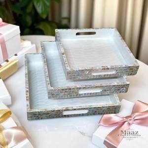 Bandeja de madera ecológica personalizada del fabricante, bandeja decorativa para servir con incrustaciones, estilo perla madre para el hogar, regalo de Hotel, suministro al por mayor - Product Image 1