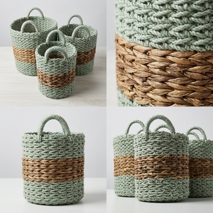 Natural Banana Bark Recycled <b>Plastic</b> Storage <b>Basket</b> Set Horizontal Band Arch Handle Pot Planter Organizer Setup Decor Pure Art - Product Image 3