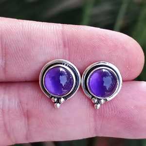 925 Sterling Silver Amethyst Stud <b>Earrings</b> Handmade Ball-shaped <b>Posts</b> Natural Purple Gemstone Gold Jewelry February Birthstone - Product Image 4