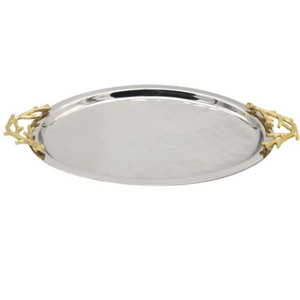 Luxurious Silver Aluminium Casting Wedding Lightweight Decorative Serving Tray Elegant Gold Leaf Handles Modern Handmade - Product Image 4