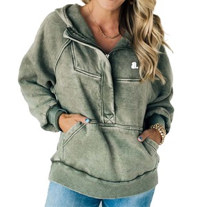 New Custom Acid <b>Zip</b> <b>up</b> <b>Hoodie</b> for Women Solid Vintage Look Oversized Polyester Cotton Casual Winter Eco Friendly - Product Image 1