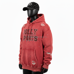 Sweat à capuche en molleton délavé à l'acide, poids lourd, rouge vintage, tissu en coton doux avec détails déchirés, logo en strass personnalisé, sweat à capuche basique - Product Image 3