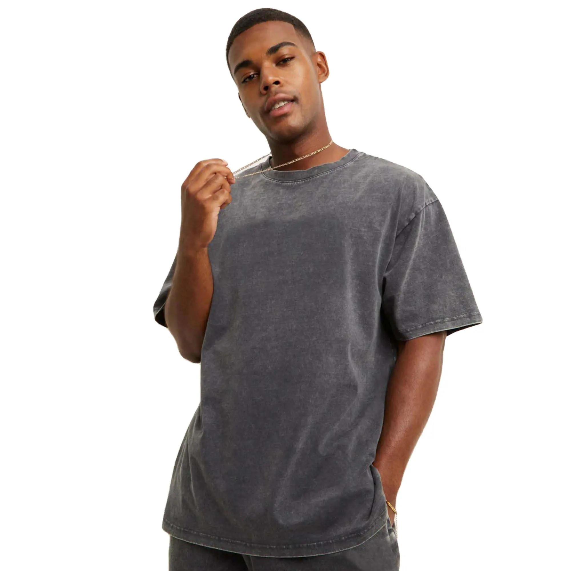 उच्च गुणवत्ता भारी वजन बड़े यूनिसेक्स टी शर्ट पुरुषों कपास हे गर्दन डिजाइन विंटेज टी शर्ट कस्टम मुद्रण कढ़ाई टी शर्ट