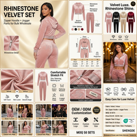 Setelan Training Wanita Bahan Velour 2 Potong, Hoodie Beritsleting dengan Hiasan Berlian Imitasi dan Celana Jogger, Pakaian Senada, Logo Kustom, Produsen Grosir