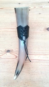 Buffalo <b>Horn</b> <b>Drinking</b> <b>Horn</b> with Waterproof Black Leather Holder-Carved Design for Mother's Day Gifts - Product Image 2