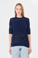 Blusa de punto con encaje y estampado de rosas para mujer - Top suave de manga corta con cuello redondo y botón trasero - Prenda de punto floral de verano