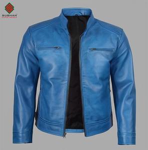 Chaqueta Bomber de Cuero Sintético Azul Cielo para Hombre, con Cierre de Cremallera y Cuello Alto |   Servicio OEM de Patrones Sólidos - Product Image 5