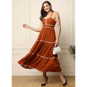 DEEBACO Women's Solid Brown Rayon Tiered <b>Dress</b> Sweet Heart Neck Sleeveless Fit and Flare Maxi Length Party Casual Western Wear - Product Image 1