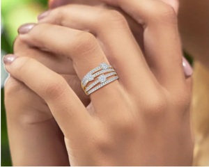 แหวนหมั้นทอง14K พร้อมสายรัด4แถวชุด Pav CVD เพชรสไตล์อาร์ตเดคโค-สำหรับงานแต่งงานหรืองานปาร์ตี้ - Product Image 6