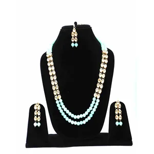 Ensemble de collier long plaqué or 24 carats Kundan vert clair avec zircon pour mariage, ensemble de bijoux fins pour mariée - Product Image 1