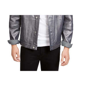 For Michael Kors Men's Large <b>Silver</b> Metallic Denim Moto Biker <b>Jacket</b> Shearling Collar Distressed Finish Button Patchwork Print - Product Image 3