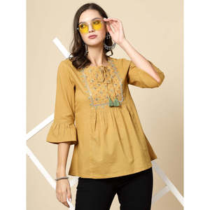 Women's Beige Floral Embroidered <b>Top</b> XL Loose Fit Casual <b>Top</b> with Bell Sleeves and Tie-Up Neck Poplin Cotton Breathable - Product Image 1