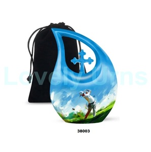 Urne adulte de crémation de golf en aluminium bleu larme pour cendres humaines urne funéraire décorative grande croix avec sac en velours gratuit - Product Image 1