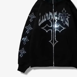 Faleece personnalisé surdimensionné poids lourd fermeture éclair lavage à l'acide vintage strass personnalisé en détresse broderie Patch à capuche hommes - Product Image 6