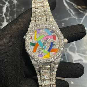 Reloj de Lujo con Esfera Arcoíris y Diamantes para Hombre, Brazalete de Acero Inoxidable con Incrustaciones de Diamantes, Reloj de Pulsera de Cuarzo, Estilo Hip Hop - Product Image 2