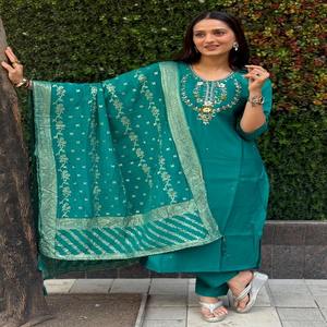 ผ้าไหมโรมันพรีเมี่ยมพร้อมการเย็บปักถักร้อยกางเกง kurti และแฟชั่นผู้หญิง dupatta - Product Image 1