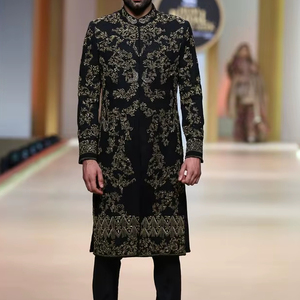 2024 Wedding Groom Sherwani <b>Pant</b> Set Dazzling Hand-Embroidery Silk Fabric with Crystal Glass Beads & Dabka <b>Work</b> <b>Black</b> Color - Product Image 1